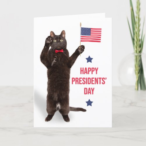 Happy Presidents Day Cat Saluting With Flag Humor Holiday Card