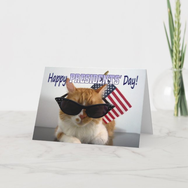 Happy Presidents' Day Cool Cat with American Flag Card (Front)