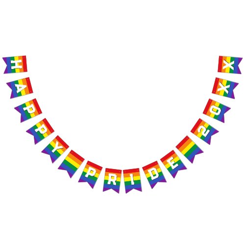 Happy Pride Custom Year White Text LGBTQ Rainbow Bunting Flags