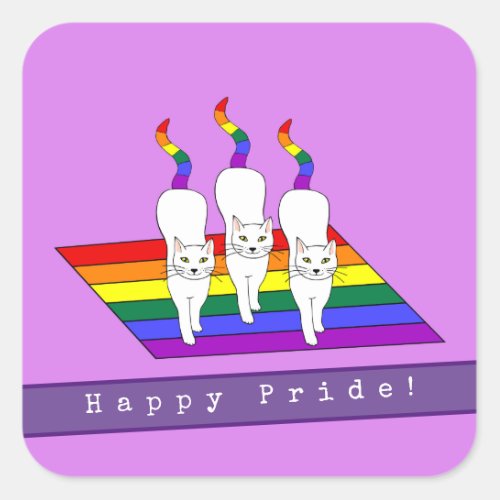 Happy Pride LGBT Cats With Rainbow Flag Square Sticker