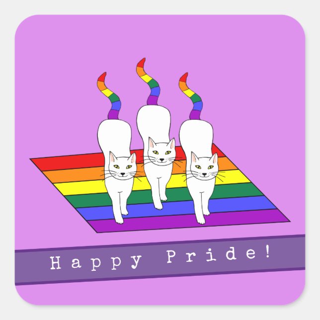 Happy Pride LGBT Cats With Rainbow Flag Square Sticker (Front)