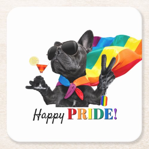 Happy Pride Party Dog in Rainbow Cape Square Paper Coaster