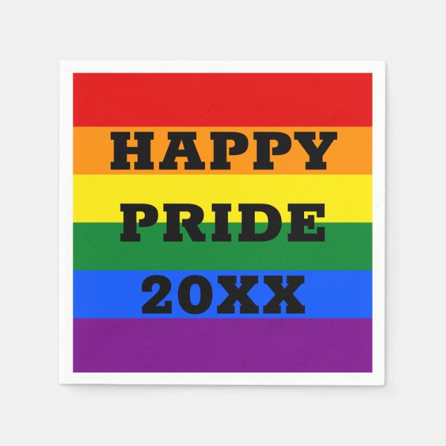 Happy Pride with Year Gay LGBTQ Rainbow Flag Napkins (Front)