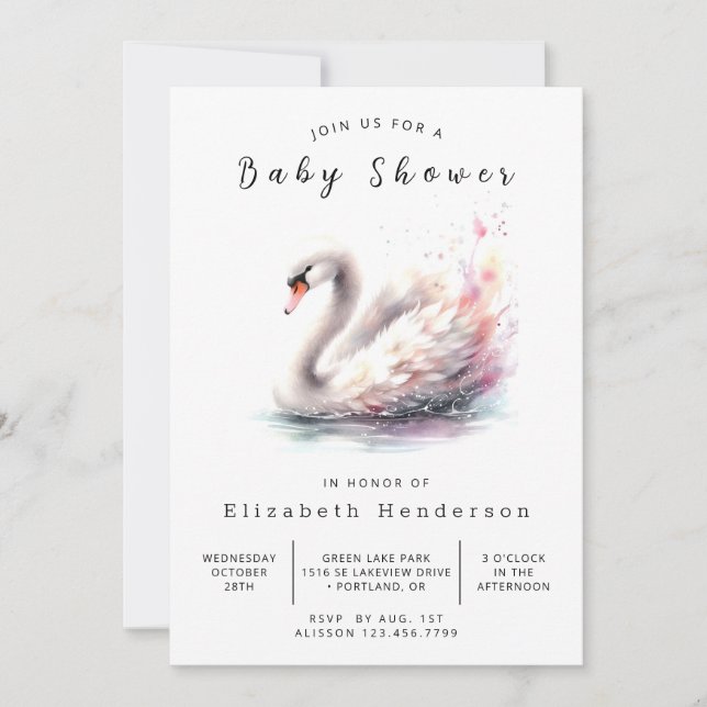 Happy Printable Swan Baby Shower Invitation (Front)