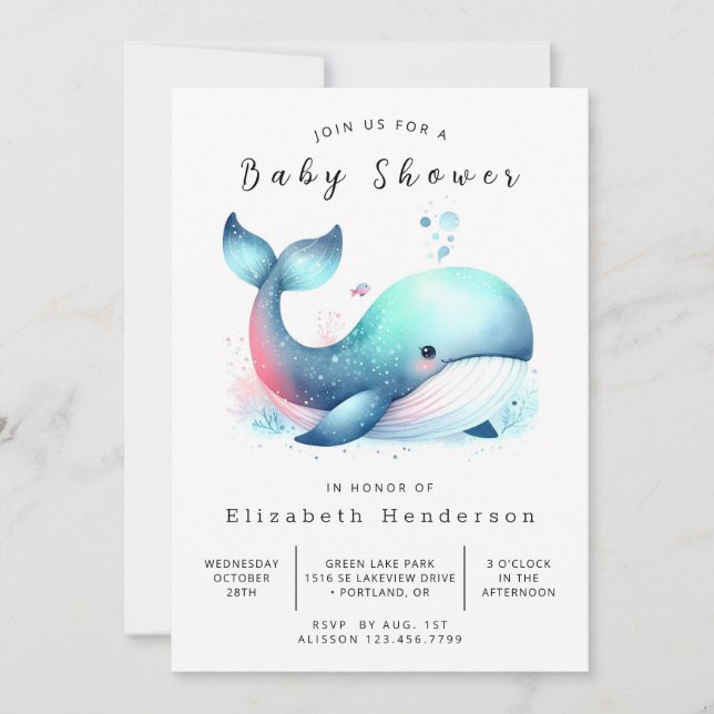 Happy Printable Whale Baby Shower Invitation (Front)