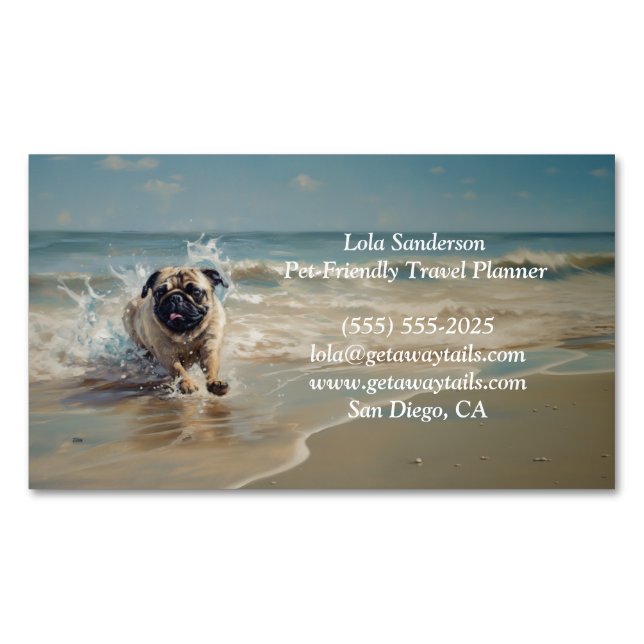 Happy Pug  at the Beach customizable Business Card Magnet (Front)