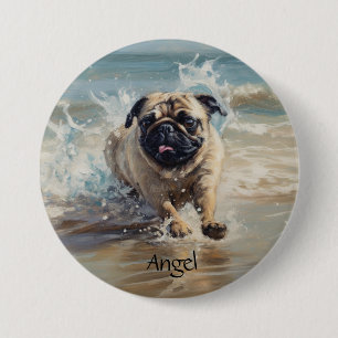 Happy Pug at the Beach customizable Button