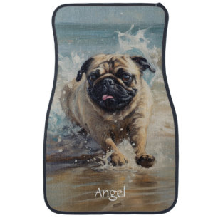 Happy Pug  at the Beach customizable Car Floor Mat