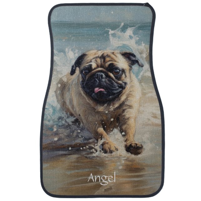 Happy Pug  at the Beach customizable Car Floor Mat (Front)