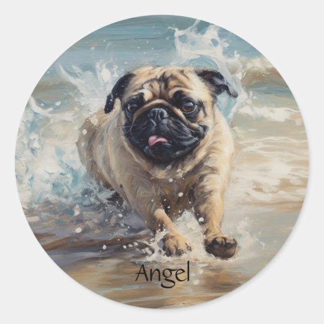 Happy Pug  at the Beach customizable Classic Round Sticker (Front)