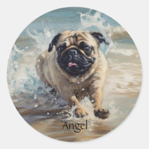Happy Pug at the Beach customizable Classic Round Sticker