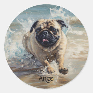 Happy Pug  at the Beach customizable Classic Round Sticker