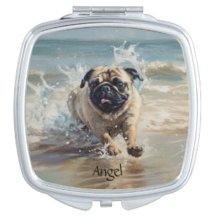 Happy Pug  at the Beach customizable Compact Mirror