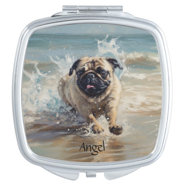 Happy Pug  at the Beach customizable Compact Mirror (Front)