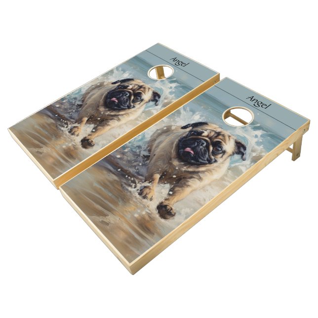 Happy Pug  at the Beach customizable Cornhole Set (Angled)