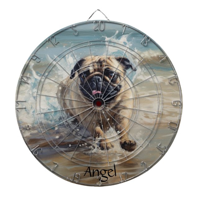 Happy Pug  at the Beach customizable Dart Board (Front)