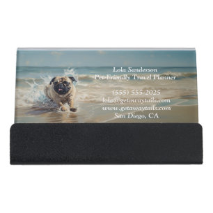 Happy Pug at the Beach customizable Desk Business Card Holder