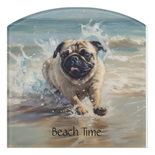 Happy Pug  at the Beach customizable Door Sign