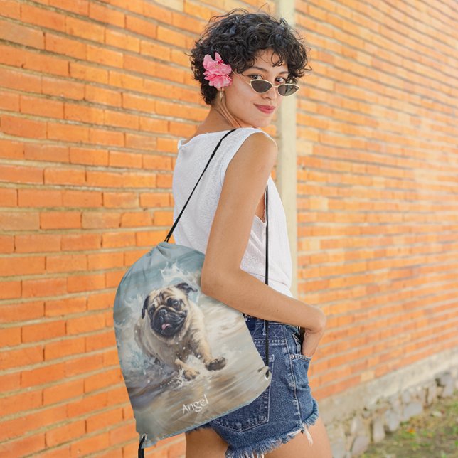 Happy Pug  at the Beach customizable Drawstring Bag (Creator Uploaded)