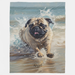Happy Pug at the Beach customizable Fleece Blanket
