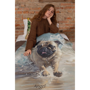 Happy Pug at the Beach customizable Fleece Blanket