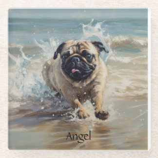 Happy Pug  at the Beach customizable Glass Coaster