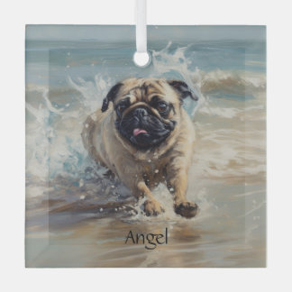 Happy Pug at the Beach customizable Glass Ornament