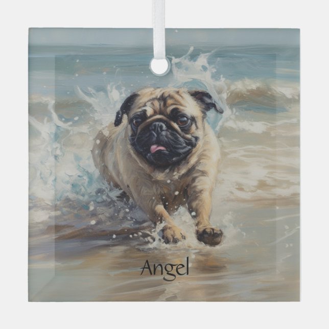 Happy Pug  at the Beach customizable Glass Ornament (Front)