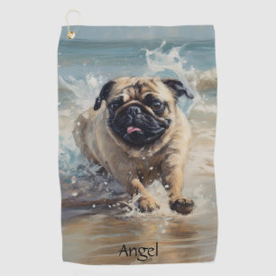 Happy Pug  at the Beach customizable Golf Towel