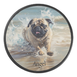 Happy Pug  at the Beach customizable Hockey Puck