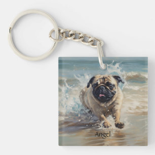 Happy Pug at the Beach customizable Keychain