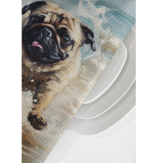 Happy Pug  at the Beach customizable Kitchen Towel
