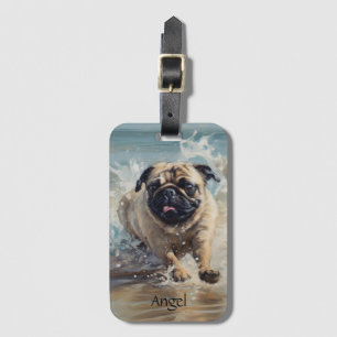 Happy Pug at the Beach customizable Luggage Tag