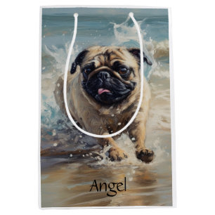 Happy Pug at the Beach customizable Medium Gift Bag