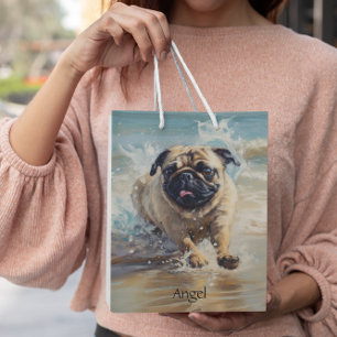 Happy Pug at the Beach customizable Medium Gift Bag