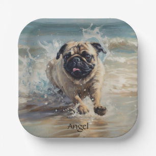 Happy Pug at the Beach customizable Paper Plates