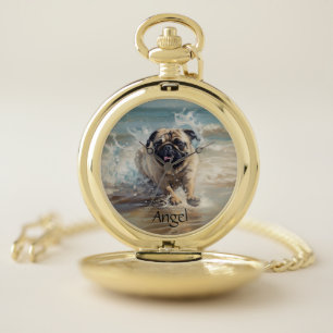 Happy Pug at the Beach customizable Pocket Watch