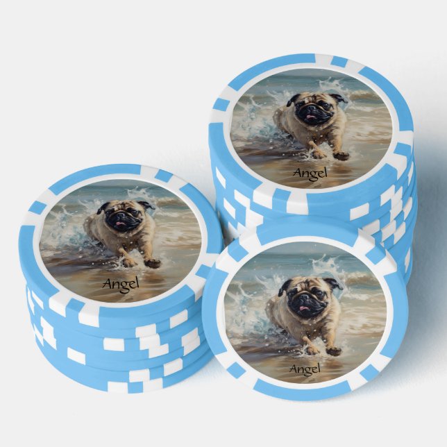 Happy Pug  at the Beach customizable Poker Chips (Stack)