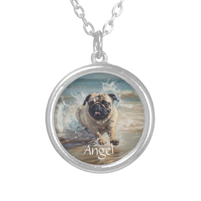 Happy Pug  at the Beach customizable Silver Plated Necklace (Front)