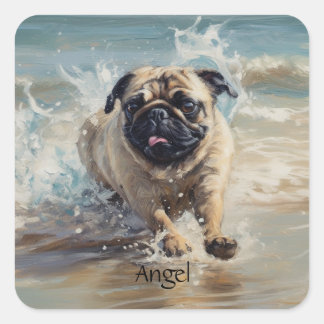 Happy Pug at the Beach customizable Square Sticker