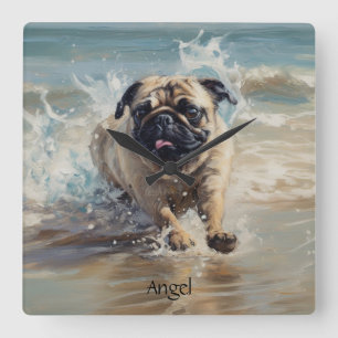 Happy Pug  at the Beach customizable Square Wall Clock