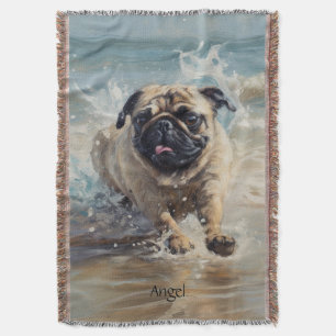 Happy Pug at the Beach customizable Throw Blanket
