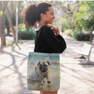 Happy Pug at the Beach customizable Tote Bag