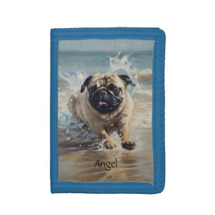 Happy Pug at the Beach customizable Tri-fold Wallet