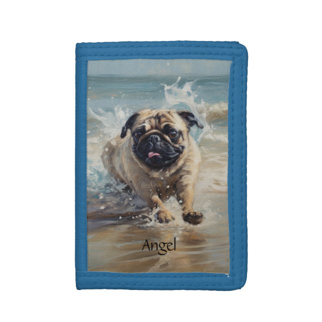Happy Pug  at the Beach customizable Trifold Wallet (Front Vertical)