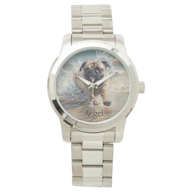 Happy Pug  at the Beach customizable Watch (Front)