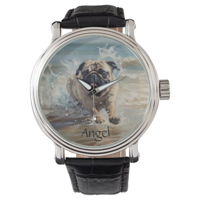 Happy Pug  at the Beach customizable Watch (Front)