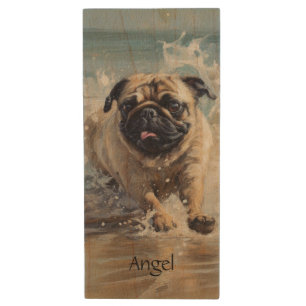 Happy Pug at the Beach customizable Wood Flash Drive