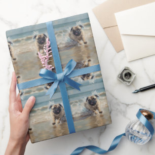 Happy Pug  at the Beach customizable Wrapping Paper