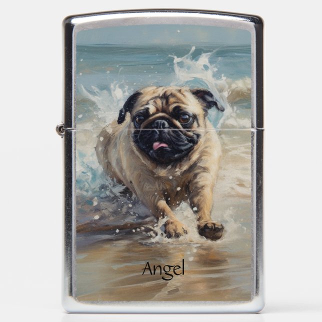 Happy Pug  at the Beach customizable Zippo Lighter (Front)